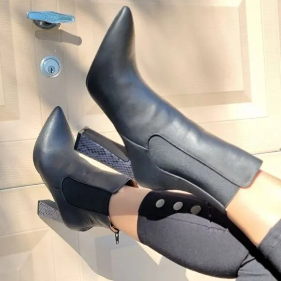 Ankle Zip Boots Pointed Toe Chunky Printed Block‎ Heels