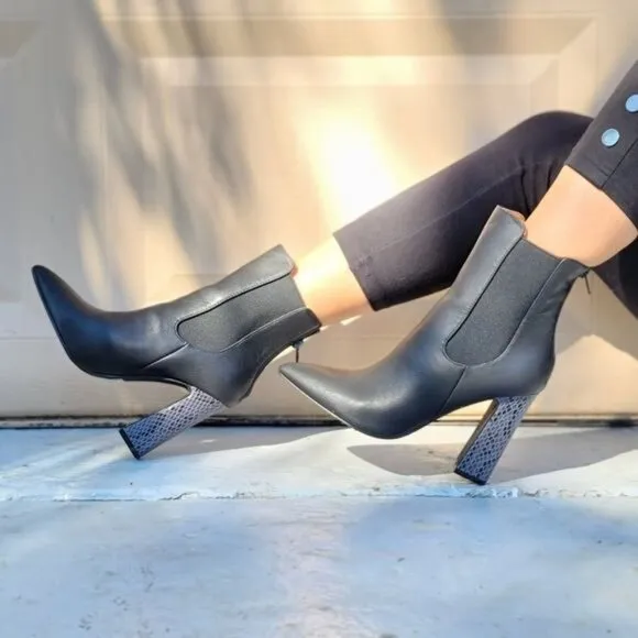 Ankle Zip Boots Pointed Toe Chunky Printed Block‎ Heels