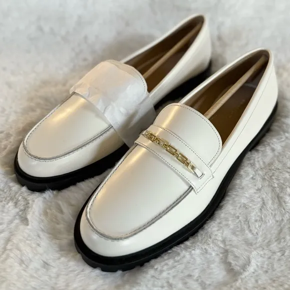ANN TAYLOR NEW 10 9.5 Chunky Chain Leather Loafers in Winter White • Neutral