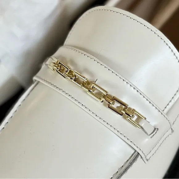 ANN TAYLOR NEW 10 9.5 Chunky Chain Leather Loafers in Winter White • Neutral