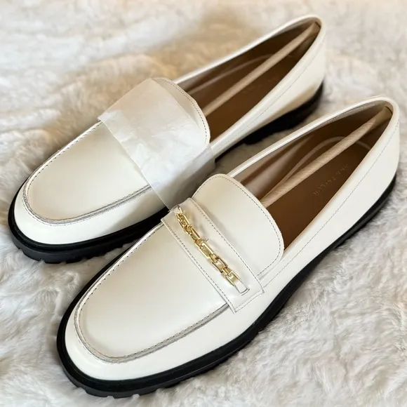 ANN TAYLOR NEW 10 9.5 Chunky Chain Leather Loafers in Winter White • Neutral
