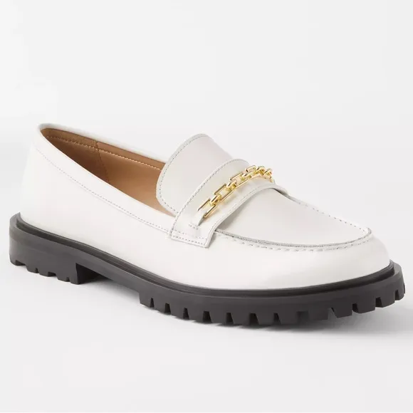 ANN TAYLOR NEW 10 9.5 Chunky Chain Leather Loafers in Winter White • Neutral