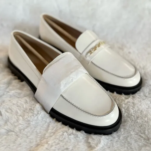 ANN TAYLOR NEW 10 9.5 Chunky Chain Leather Loafers in Winter White • Neutral