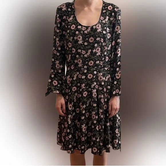 Anna Sui A- Line 3/4 sleeve dress, size 2. Black with floral pattern. Bohemian
