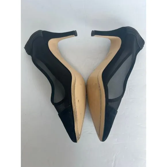 Anne Fontaine Gisella Black Leather Suede Heel Pointy Toe Mesh Body Pump Shoes 8