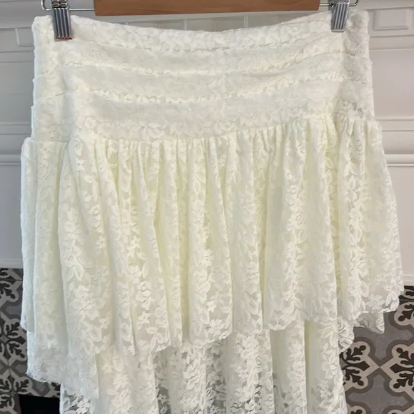 Anthro Tach Clothing Lace High-Low Ruffle Skirt Blanca Boho Coastal Cowgirl L