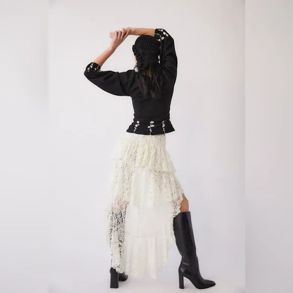 Anthro Tach Clothing Lace High-Low Ruffle Skirt Blanca Boho Coastal Cowgirl L