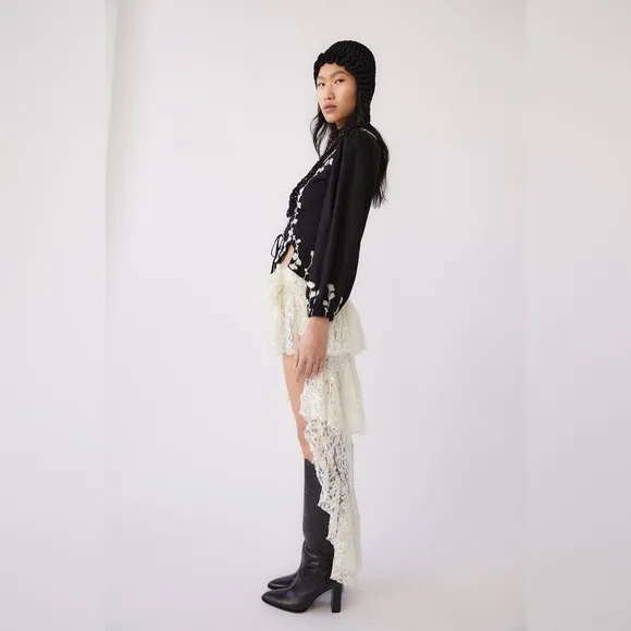 Anthro Tach Clothing Lace High-Low Ruffle Skirt Blanca Boho Coastal Cowgirl L