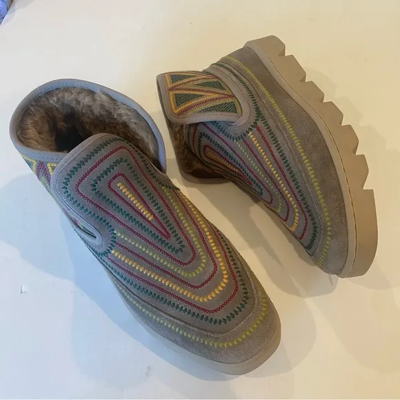 ANTHROPOLOGIE BERNARDO Womens 7.5 Gray Drea Suede Boho Shearling Lined Boots