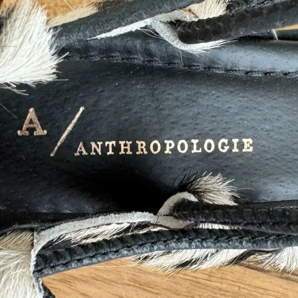 Anthropologie Black Leather Zebra Print Calf Hair Thong Angle Wrap Flat Sandal
