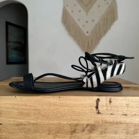 Anthropologie Black Leather Zebra Print Calf Hair Thong Angle Wrap Flat Sandal