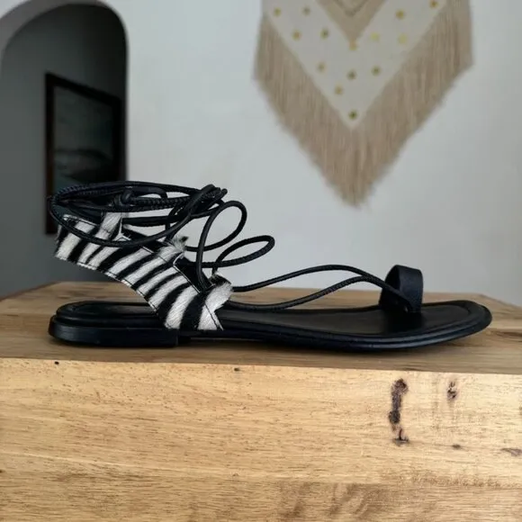 Anthropologie Black Leather Zebra Print Calf Hair Thong Angle Wrap Flat Sandal