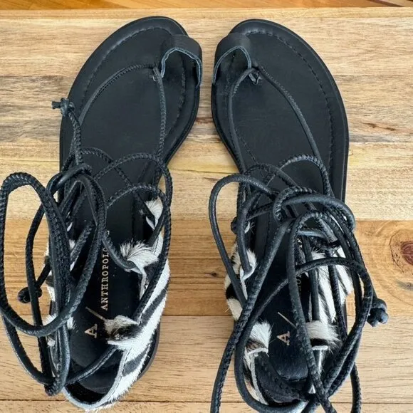 Anthropologie Black Leather Zebra Print Calf Hair Thong Angle Wrap Flat Sandal