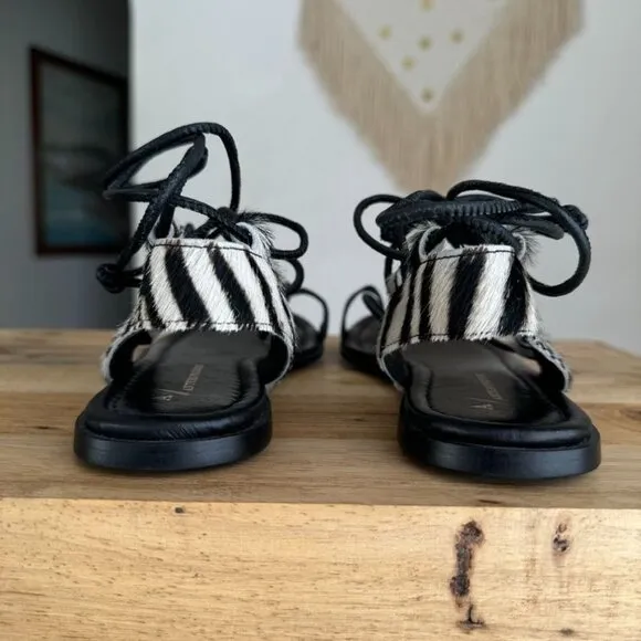 Anthropologie Black Leather Zebra Print Calf Hair Thong Angle Wrap Flat Sandal