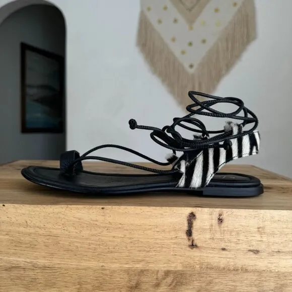 Anthropologie Black Leather Zebra Print Calf Hair Thong Angle Wrap Flat Sandal