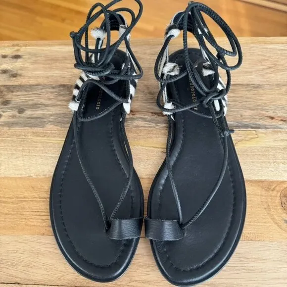 Anthropologie Black Leather Zebra Print Calf Hair Thong Angle Wrap Flat Sandal