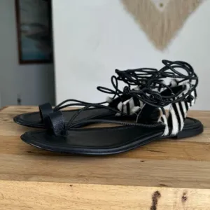Anthropologie Black Leather Zebra Print Calf Hair Thong Angle Wrap Flat Sandal