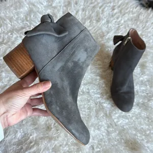 Anthropologie Bow Tied Suede Leather Heeled Ankle Boots/Booties Sz 9 Almond Toe