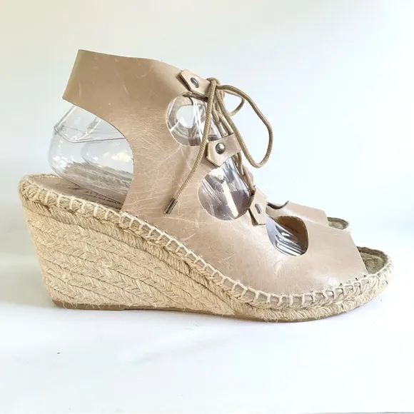 Anthropologie Carmen Saiz Leather Espadrille Wedge Sandals Strappy Gladiator Tan