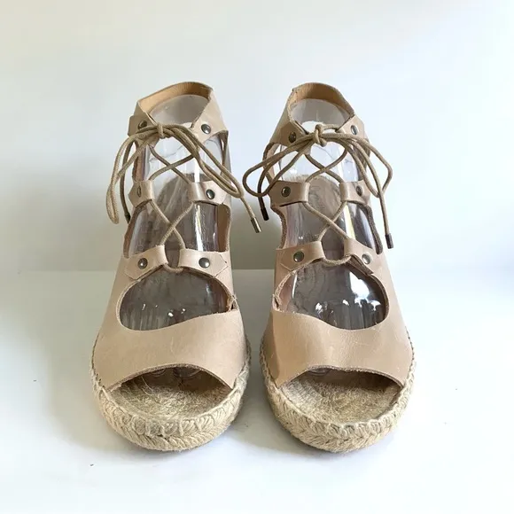 Anthropologie Carmen Saiz Leather Espadrille Wedge Sandals Strappy Gladiator Tan