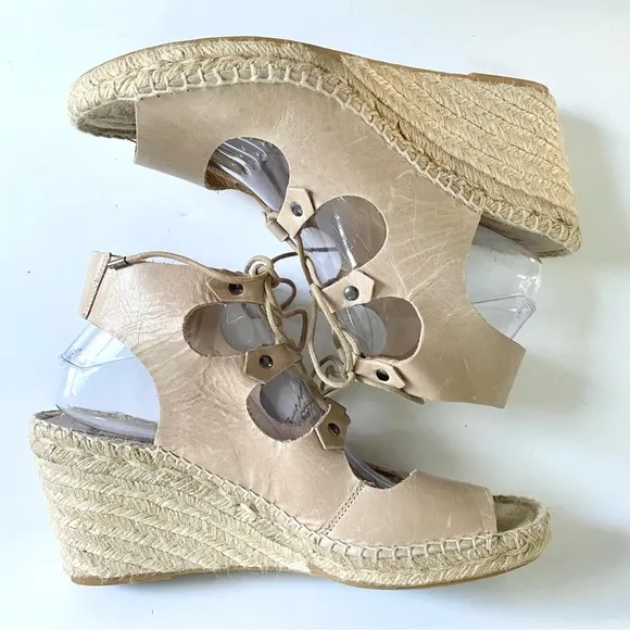 Anthropologie Carmen Saiz Leather Espadrille Wedge Sandals Strappy Gladiator Tan