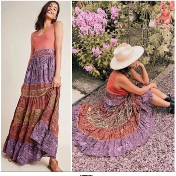 Anthropologie Colima Boho Tiered Snake Print Maxi Dress Size M Petite