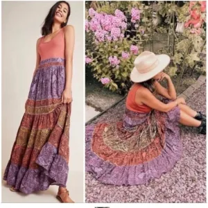 Anthropologie Colima Boho Tiered Snake Print Maxi Dress Size M Petite