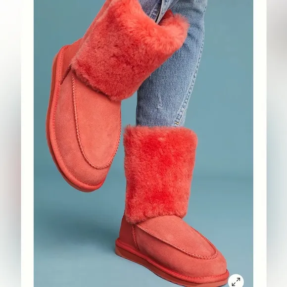 Anthropologie Emu Australia Launceston Boots 10 Orange Coral Sheepskin Plush
