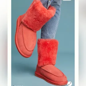 Anthropologie Emu Australia Launceston Boots 10 Orange Coral Sheepskin Plush