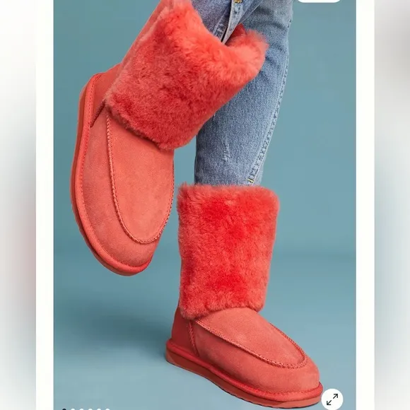Anthropologie Emu Australia Launceston Boots 10 Orange Coral Sheepskin Plush