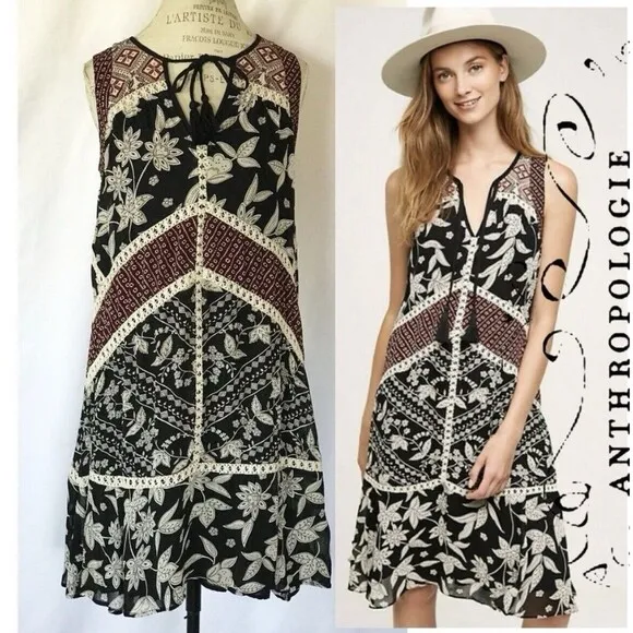 Anthropologie Floreat Size 0 Grasslands Dress Tasseled Crochet Patchwork Boho