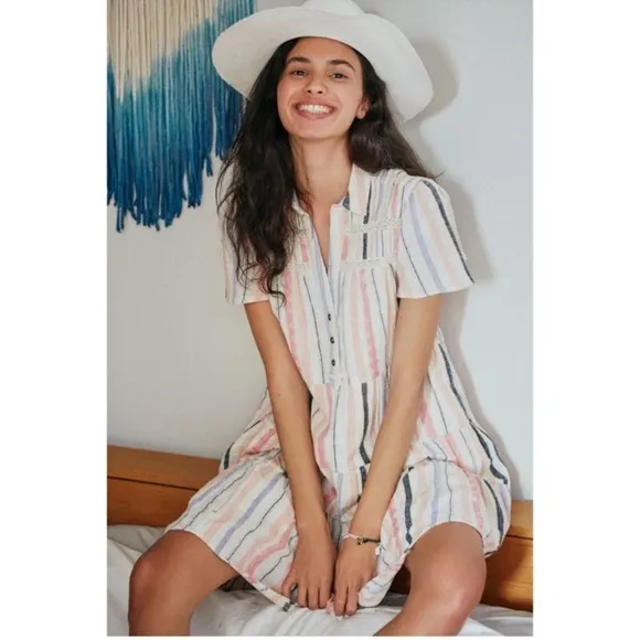 Anthropologie Georgina Tiered Striped Button Front Babydoll Shirt Dress size M