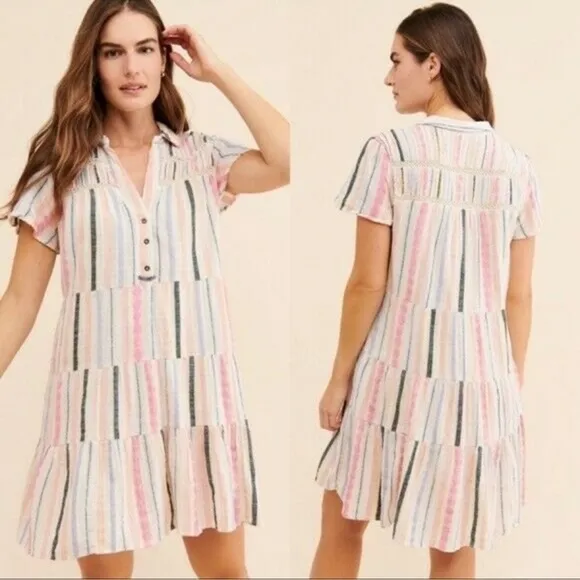 Anthropologie Georgina Tiered Striped Button Front Babydoll Shirt Dress size M
