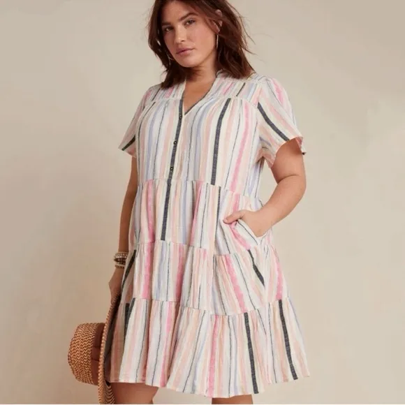 Anthropologie Georgina Tiered Striped Button Front Babydoll Shirt Dress size M