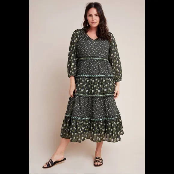 Anthropologie Karoline Tiered Maxi Dress Long Sleeve Ditsy Floral size 14 Boho