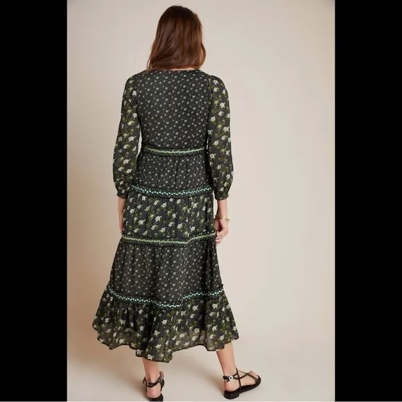 Anthropologie Karoline Tiered Maxi Dress Long Sleeve Ditsy Floral size 14 Boho