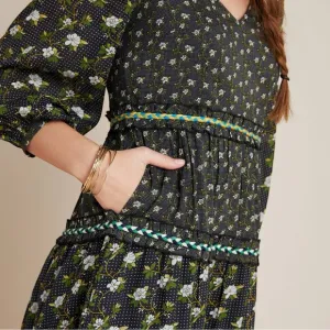Anthropologie Karoline Tiered Maxi Dress Long Sleeve Ditsy Floral size 14 Boho