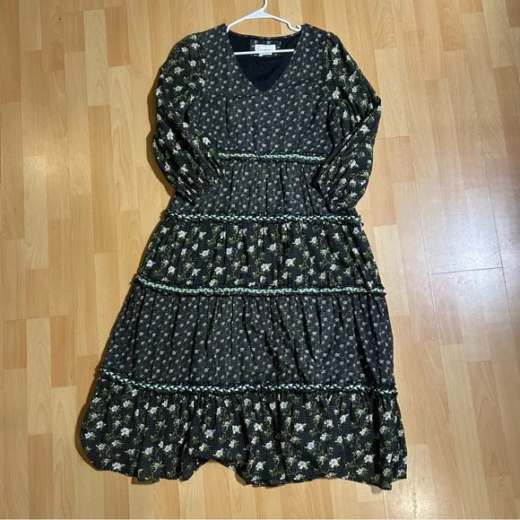 Anthropologie Karoline Tiered Maxi Dress Long Sleeve Ditsy Floral size 14 Boho