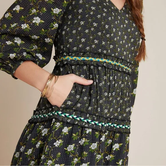 Anthropologie Karoline Tiered Maxi Dress Long Sleeve Ditsy Floral size 14 Boho