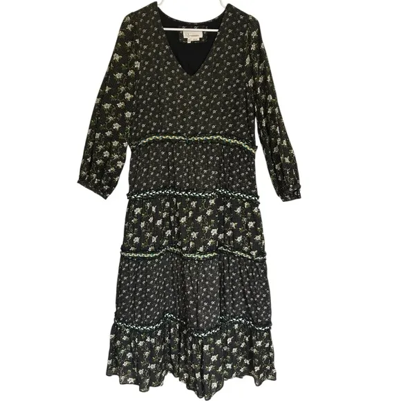Anthropologie Karoline Tiered Maxi Dress Long Sleeve Ditsy Floral size 14 Boho