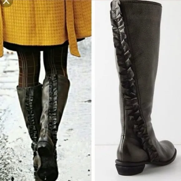 Anthropologie Miss Albright Women’s Pebbled Primped Leather Ruffle Tall Boots