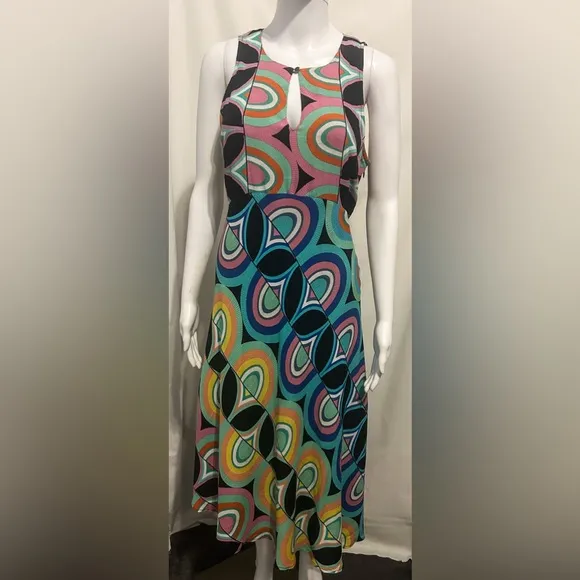 Anthropologie Sz 4 Multicolor Geometric Swirl Flowy Midi Dress Elegant Boho Chic