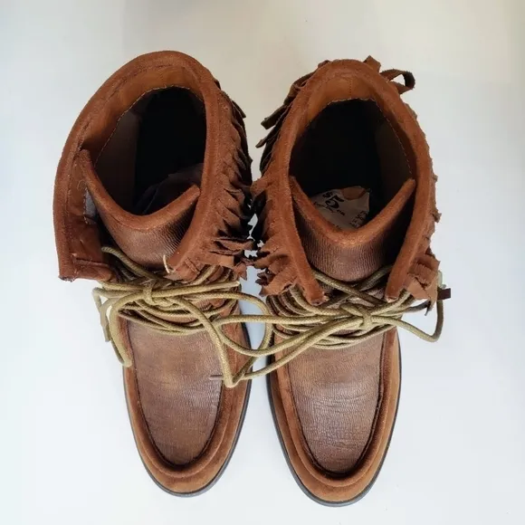 Anthropologie Vanessa Wu Brown Suede Fringed Lace Up Moccasin Booties Size 37
