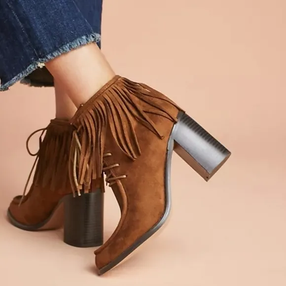 Anthropologie Vanessa Wu Brown Suede Fringed Lace Up Moccasin Booties Size 37