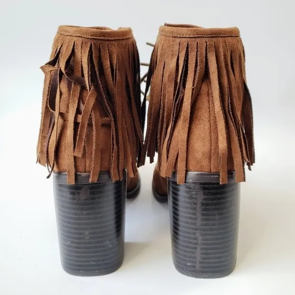 Anthropologie Vanessa Wu Brown Suede Fringed Lace Up Moccasin Booties Size 37