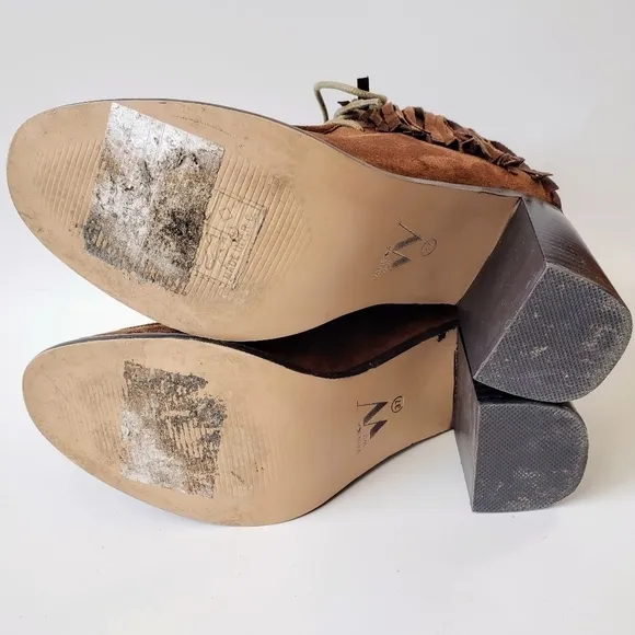 Anthropologie Vanessa Wu Brown Suede Fringed Lace Up Moccasin Booties Size 37