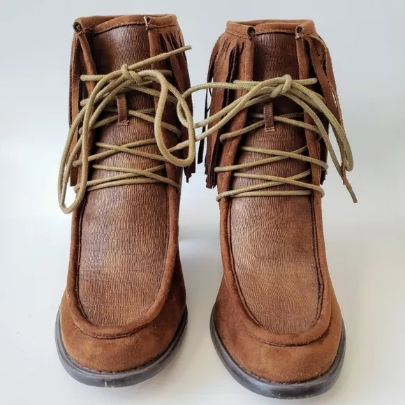 Anthropologie Vanessa Wu Brown Suede Fringed Lace Up Moccasin Booties Size 37