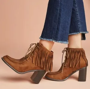 Anthropologie Vanessa Wu Brown Suede Fringed Lace Up Moccasin Booties Size 37
