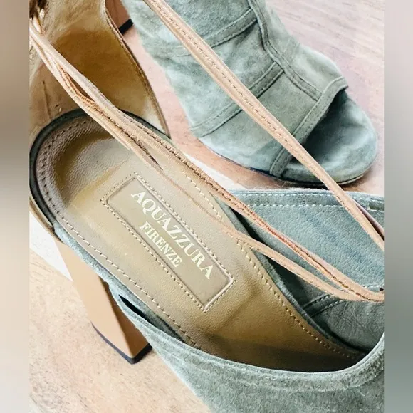Aquazzura Olive Green Suede Open Toe Chunky Heels Sandals Shoes Size 37.5