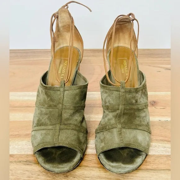 Aquazzura Olive Green Suede Open Toe Chunky Heels Sandals Shoes Size 37.5